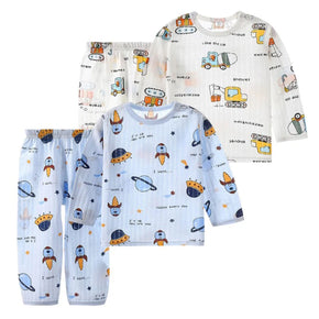 Kids Boys Girls Baby Pajamas 2-Piece Set Summer Breathable Soft Cotton Long Sleeve Home Cute Cartoon Spacecraft Sleepwear Set